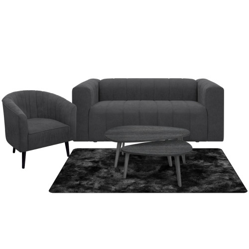 Combo Sofá Ariel + Poltrona Montecarlo + Mesa de Centro Anidada Julie + Tapete Fluffy Mediano