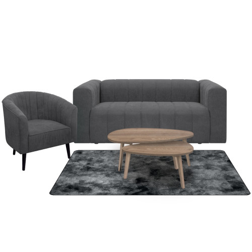 Combo Sofá Ariel + Poltrona Montecarlo + Mesa de Centro Anidada Julie + Tapete Fluffy Mediano